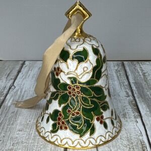 Vintage Cloisonné Enameled Christmas 4" Bell Ornament By NYCO Holly Berries EUC